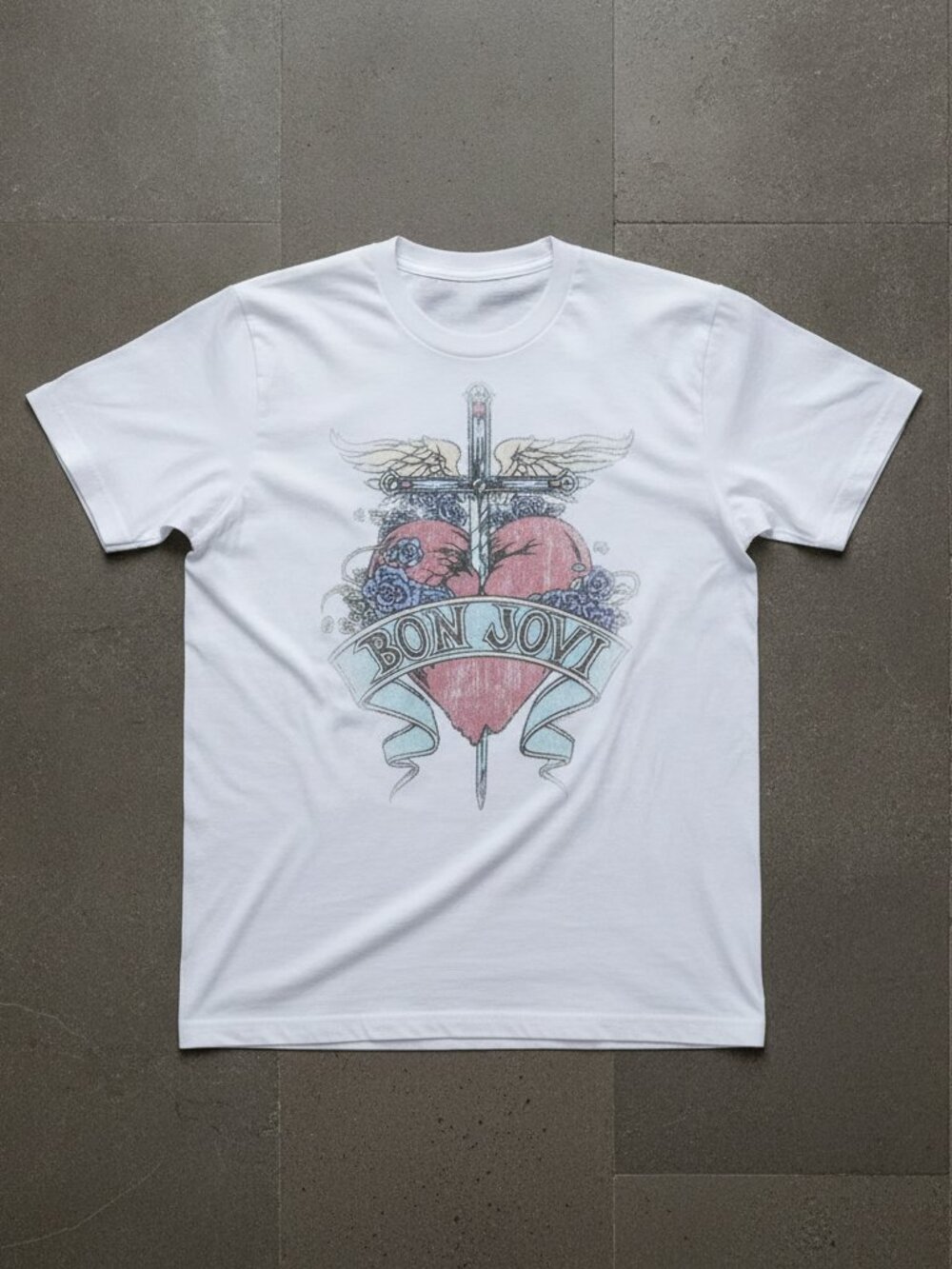 Bon Jovi Heart & Cross Vintage Graphic T-Shirt Classic Rock Band Tee Unisex